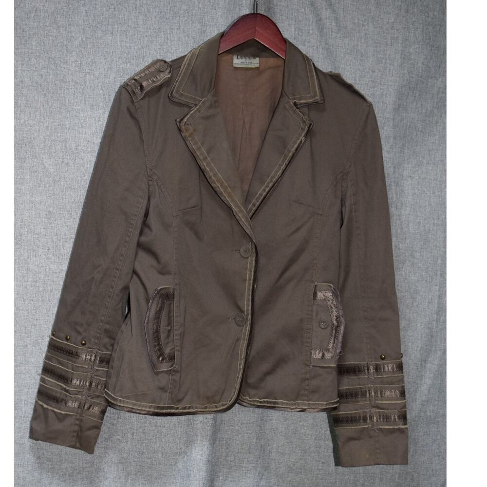 Lucca Couture Embroidered Military Style Jacket Brown with Butterfly Detail - M